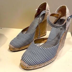 Castaner espadrille in navy stripe with 5” heel